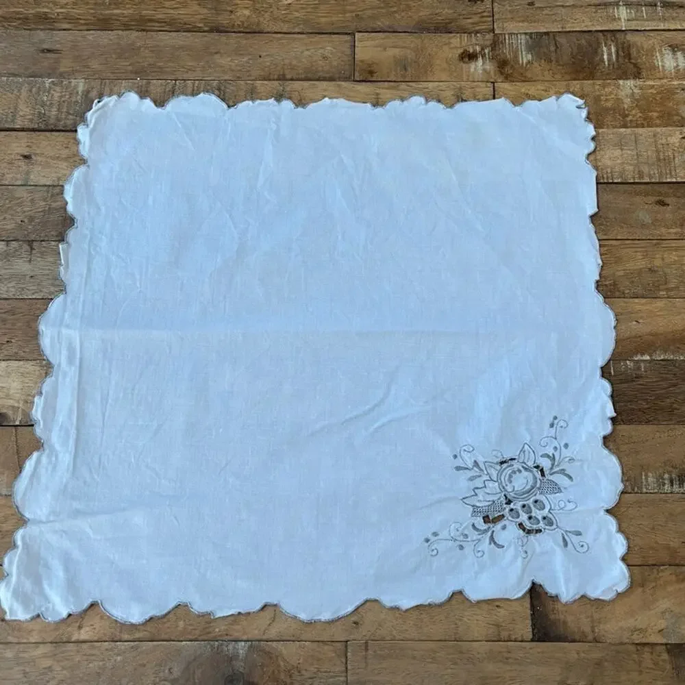 White & Gray Cotton Table Napkins Set of 5 16 x 16 in Floral Corner Embroidery
